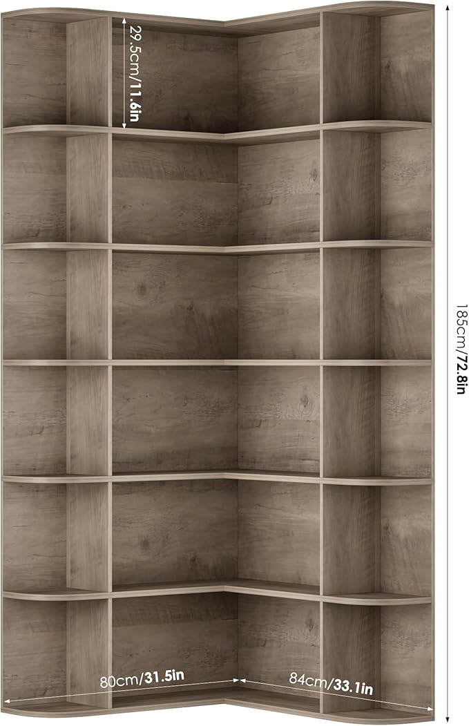 FOTOSOK 74” Tall Corner Bookshelf, 6-Tier Bookshelf and Bookcase with Open Storage, Tall Bookcases Wooden Storage Shelves for Home Office, Thickened Boards for Better Load Bearing, Vintage Grey
