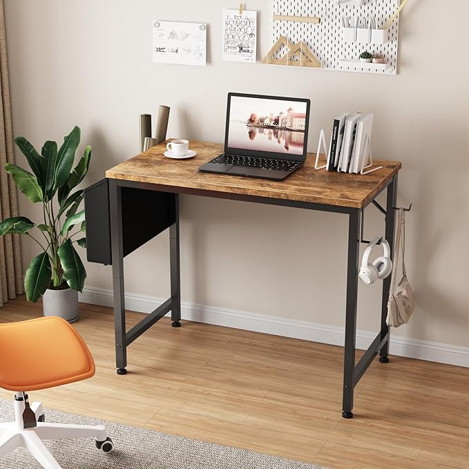 Lufeiya Small Desk for Small Spaces, 32 Inch Kids Girls Study Writing Desks for Bedroom, Simple Modern Laptop PC Little Side Table with Storage Bag Headphone Hooks, Rustic Brown
