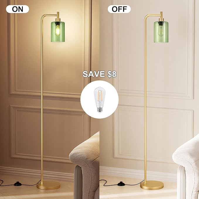 Floor Lamps for Living Room - Industrial Standing Lamp with Green Glass Shade, Modern Gold Floor Lamp with LED Bulbs, Farmhouse Floor Lamp for Bedroom, Tall Lamp for Office