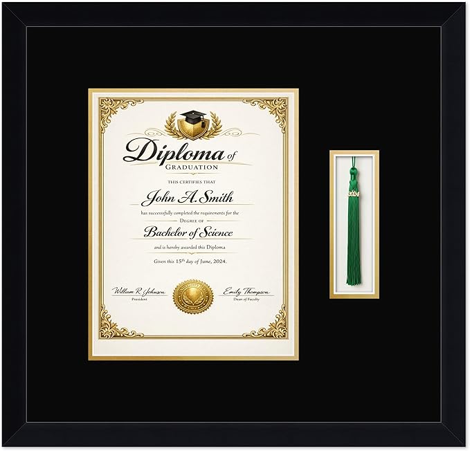 CountryArtHouse Diploma and Tassel Frame Fits 8.5 x 11 Certificate (Portrait) with Tassel Hook Matte Black Genuine Hardwood Shadowbox with Black Over Metallic Gold Double mat