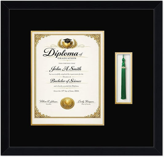 CountryArtHouse Diploma and Tassel Frame Fits 8.5 x 11 Certificate (Portrait) with Tassel Hook Matte Black Genuine Hardwood Shadowbox with Black Over Metallic Gold Double mat