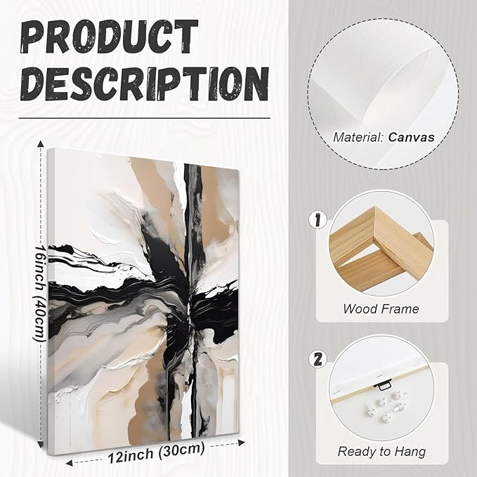 LYPHNX Framed Black and Brown Abstract Geometric Canvas Wall Art Modern Grey White Beige Print Poster Set of 3 Painting Terracotta Brush Strokes Picture Home Decor for Bathroom Bedroom Office 12"x16"