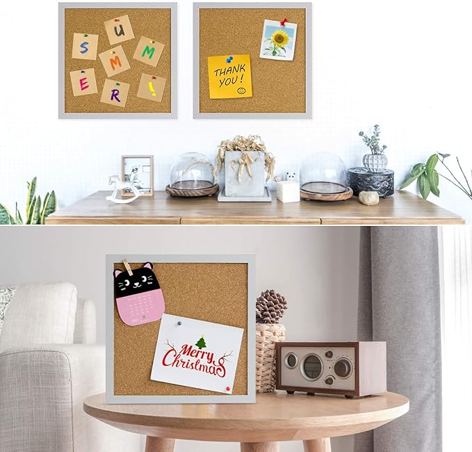 AkTop Cork Board Bulletin Board 12x12, White Framed Corkboard 4 Pack, Small Square Pin Board for Wall, Mini Thick Cork Tiles with 16 Push Pin Wood Clips for School, Home & Office