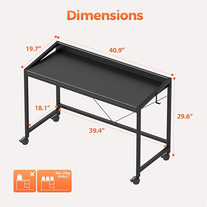Mericonia 40 inch Rolling Computer Desk with Wheels, Gaming Desk for Small Spaces, Modern Simple Style Table for Home Office, Study Writing Table