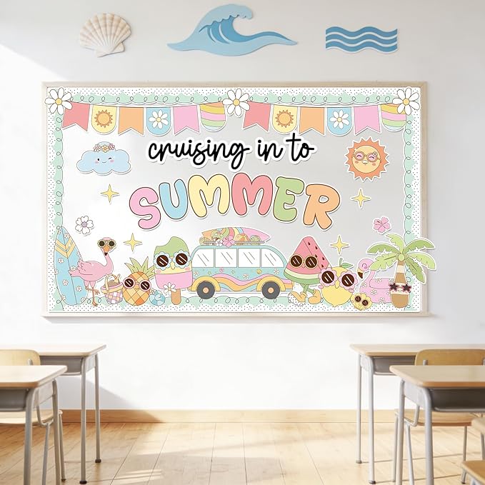 Summer Beach Bulletin Board Set Cruising in to Summer Cutouts Groovy Beach Classroom Decoration Hawaii Tropical Bulletin Board Surfboard Coconut Tree Cutout for School Wall Decor