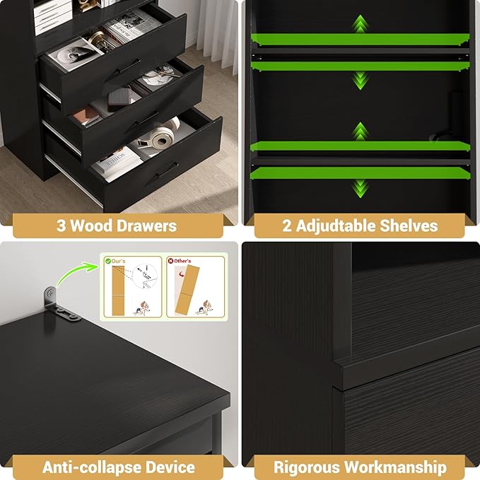 Aheaplus 71 Inches Bookshelf with USB Ports and Outlets, Wooden Bookcase with 3 Drawers & Open Shelves, 6-Tier Tall Storage Cabinet Book Shelf Storage Organizer for Living Room, Home Office, Black