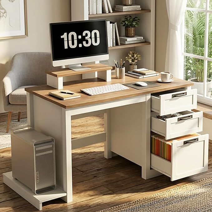 Farmhouse 47.2” Computer Desk with Adjustable File Drawer, 3 Drawers Reversible Executive Desk with PC Case Stand & Movable Monitor Stand , Workstation for Home Office, Study, Writing,(Unique White)