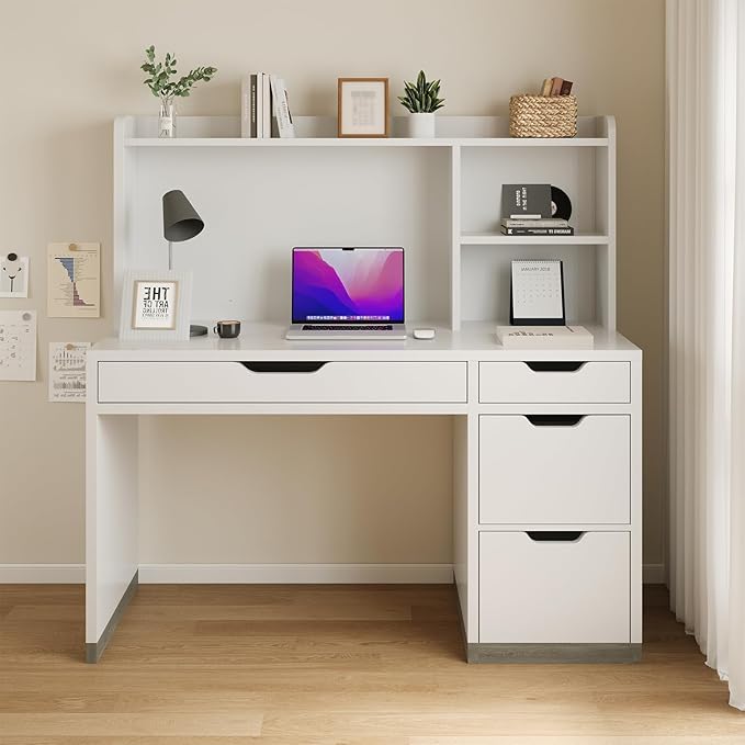 White Desk with Hutch, 53 Inch Computer Desk with Storage File Drawer, White Study Desk with 4 Drawers for Bedroom, Small Space