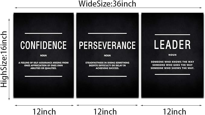 KAWAHONE Motivation Wall Poster Framed, Inspirational Leader Confidence Perseverance Quotes Canvas Wall Art Positive Picture Background Success Wall Hanging for Home Office Workplace 12" Wx16 Hx3Pcs