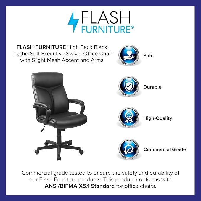 Flash Furniture Raya High Back Black LeatherSoft Executive Swivel Office Chair with Slight Mesh Accent and Arms