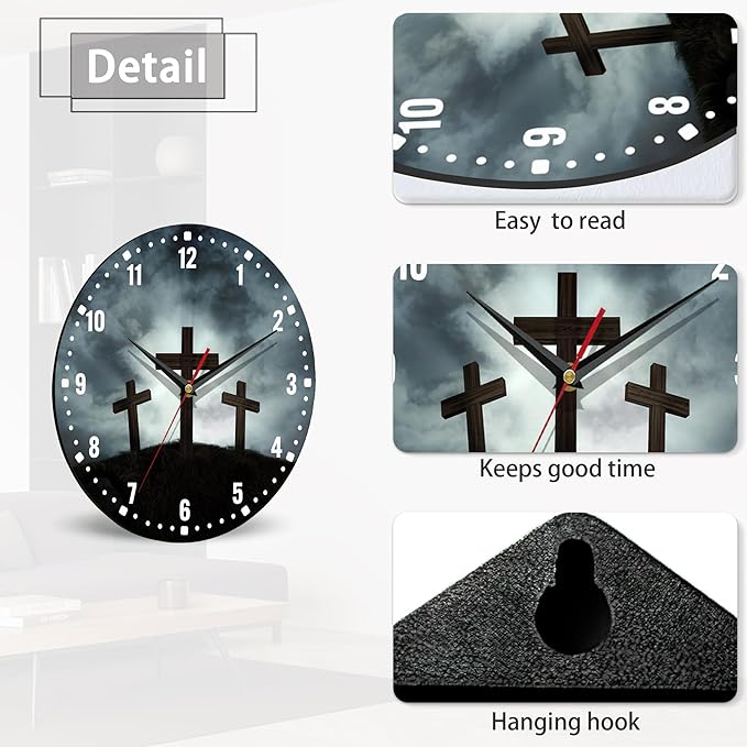 SPUNKER Clock for Bedroom,Three Crosses Wall Clocks,Sunlight Battery Operated Wall Clock Silent Non-Ticking Decorative for Home Kitchen Bathroom Living Room Bedroom Office 10 Inch
