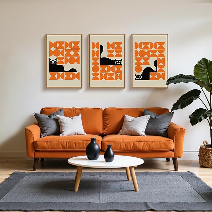 HOURIA Geometric Black Cat Framed Canvas Wall Art Set,Abstract Orange & Cream Wall Decor,Round Eyes Playful Kitten Wall Painting,Modern Animal Prints for Nursery,Living Room,Office - 16"x24"x3
