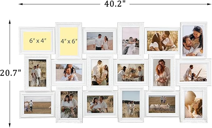 J.M.Deco Collage Picture Frames for Wall Decor, 18-Opening Reunion Family Friends Picture Frame Set, 4x6 Photo Frames Collage for Living Room BedroomWhite