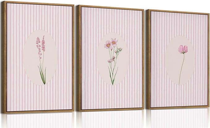 KISSFOX 3 Piece Framed Wall Art Wildflowers Wall Decor Botanical Canvas Art Floral Pictures Stripe Paintings Pink Prints Boho Artwork for Bedroom Living Room