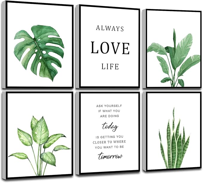 KIOSSUT FRAMED Tropical Botanical Plant Canvas Wall Art, Watercolor Green Leaf Plant Wall Decor With Inspirational Quotes, 8X10in, Framed)