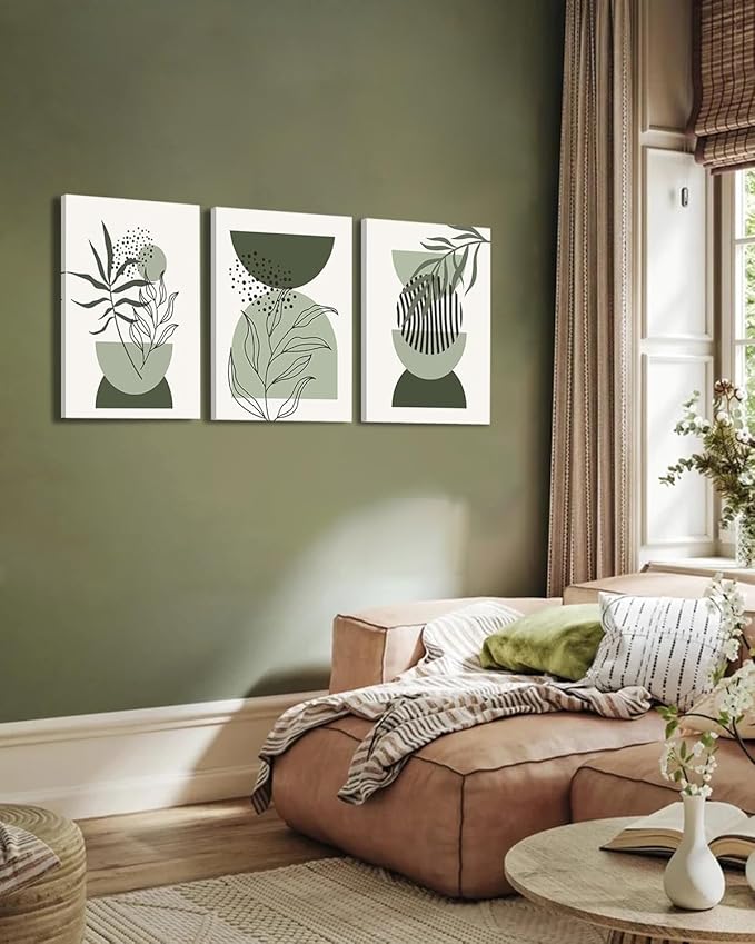 KBKBART Boho Wall Art Prints Set of 3, Neutral Abstract Geometric Canvas Artwork for Bedroom, Bathroom, Living Room, Office, 12"x16"