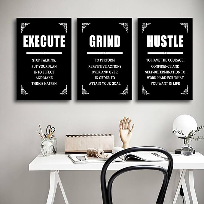 Execute Grind Hustle Inspirational Canvas Wall Art Entrepreneur Positive Quotes Poster Print Motivational Office Wall Decor Suitable for Bedroom Gym Living Room Stretched and Framed [48''Hx24''W]