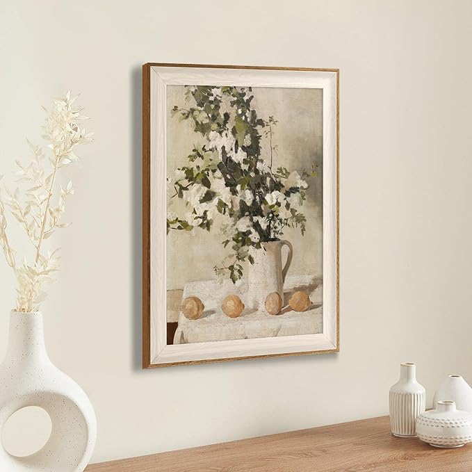 ASTRDECOR Framed Vintage Wall Art, Farmhouse Wall Decor White Flowers Canvas Oil Painting, Vintage Kitchen Decor Floral Wall Art Lemon Botanical North Art Prints for Kitchen Bedroom - 16''x 24''
