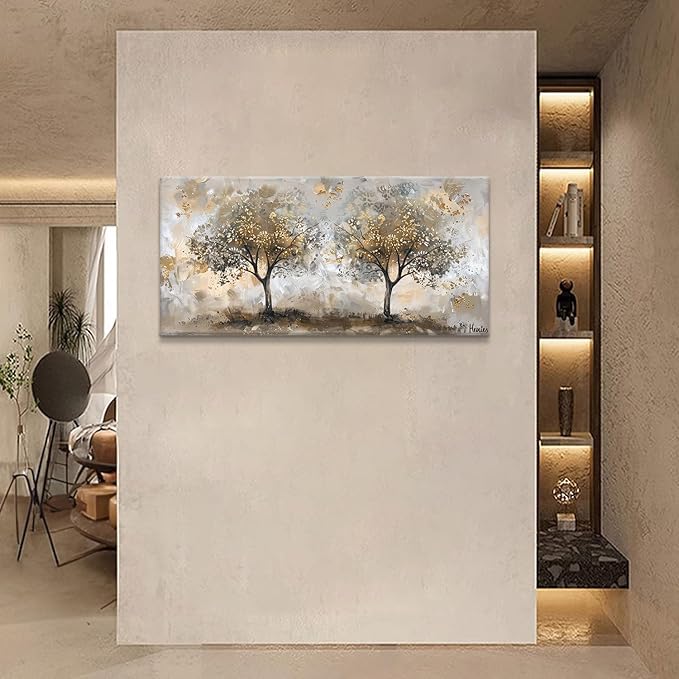 Boswaydeco Landscape Gold Tree Wall Art - Autumn Golden Forest Canvas Painting for Bedroom, Living Room, Office Decor - Gold Brown Picture Print