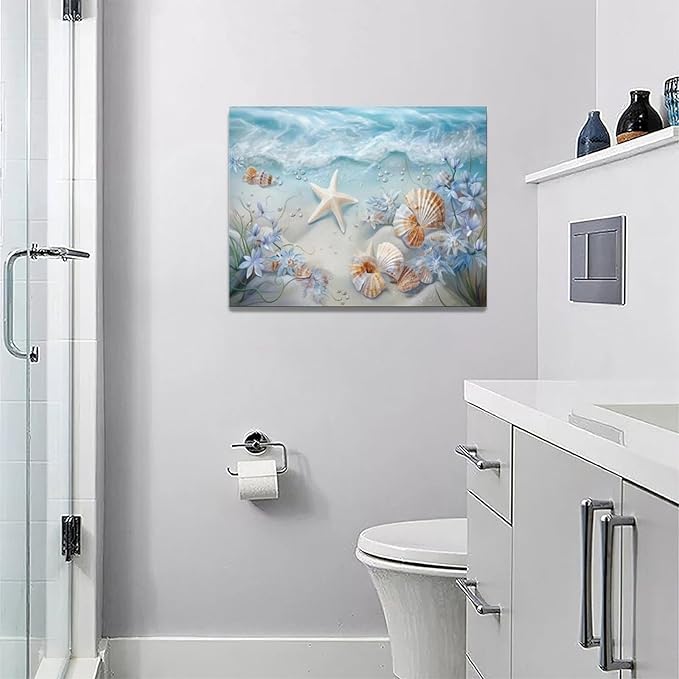 Beach Seashell Bathroom Wall Art Coastal Floral Pictures Wall Decor Flower Starfish Canvas Painting Modern Decoration Artwork for Bathroom Living Room Bedroom Office Framed 16"x12"