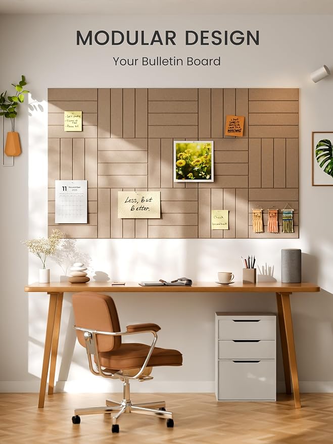 Bumusty Large Cork Board Alternative-48 x 36" Felt Bulletin Board Tiles, with 30 Pushpins, 70 Adhesive Tabs, 12-Pack Slat Wall Paneling, Cork Boards for Office Push Pin Board Felt Board-Taupe