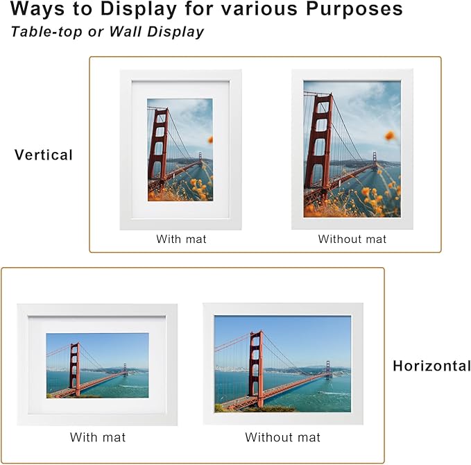 KINLINK 6x8 Picture Frame White Set of 6, Wooden Photo Frames Matted 4x6 with Plexiglass for 4x6 with Mat or 6x8 without Mat for Table and Wall Display