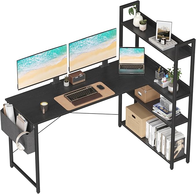 Treesland 55 Inch Small L Shaped Desk, Corner Desk with Bookshelf, Home Office Desk, Writing Study Desk for Bedroom, Black