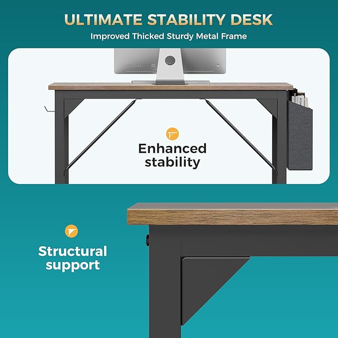 Sweetcrispy Small Computer Office Desk,47 Inch Student Study Writing Desk with Headphone Hooks & Storage Bag, Modern Simple PC Home Bedroom Table, Brown