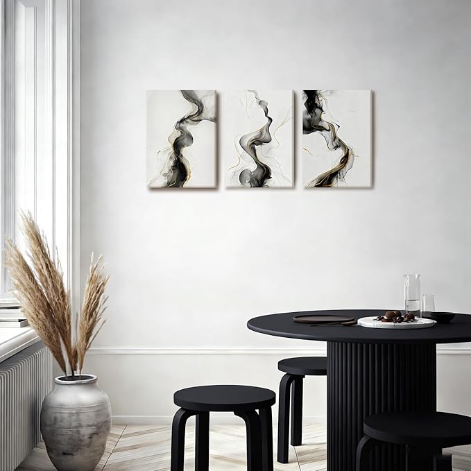 NCCXNCC 3-Pcs Black and White Abstract Canvas Wall Art Modern Black and White Gold Line Wall Decor Painting Fluid Ink Minimalist Style Poster Print Suitable for Living Room Bedroom 16x24 Inch Framed
