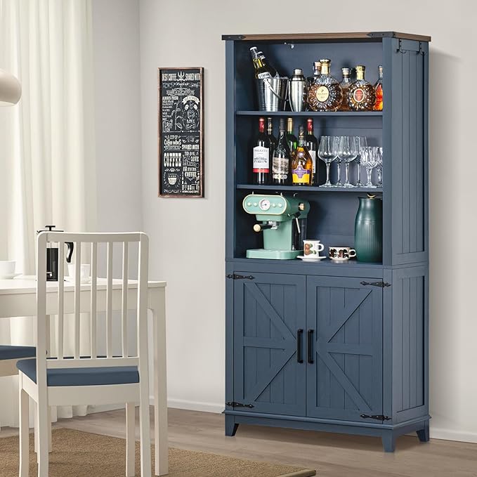 70in Tall Bookshelf 5 Tier Bookcase with Barn Doors and Adjustable Shelves, Blue Farmhouse Book Shelf with Storage Cabinet, Wood Freestanding Display Bookshelves for Bedroom, Living Room | Bookcase, Barn Doors, Adjustable Shelves, Book Shelf, Storage C...