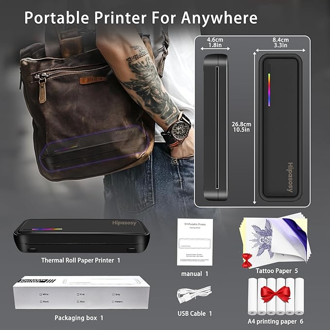 Portable Thermal Wireless Printers for Home Use, Inkless-Bluetooth-Printer Support for A4 Size Compatible with iOS, Android & Laptop for Tattoo,Travel,Office（Black with 6Rolls Thermal Paper）
