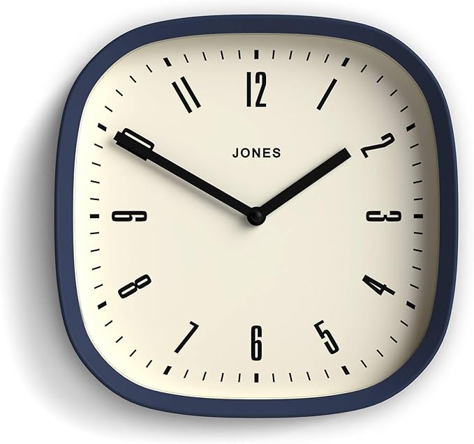 JONES CLOCKS® Marvel Wall Clock | Modern Retro Rounded Square Clock | 10 inch | Indigo Blue | Cool Designer Look for Kitchen, Living Room or Office