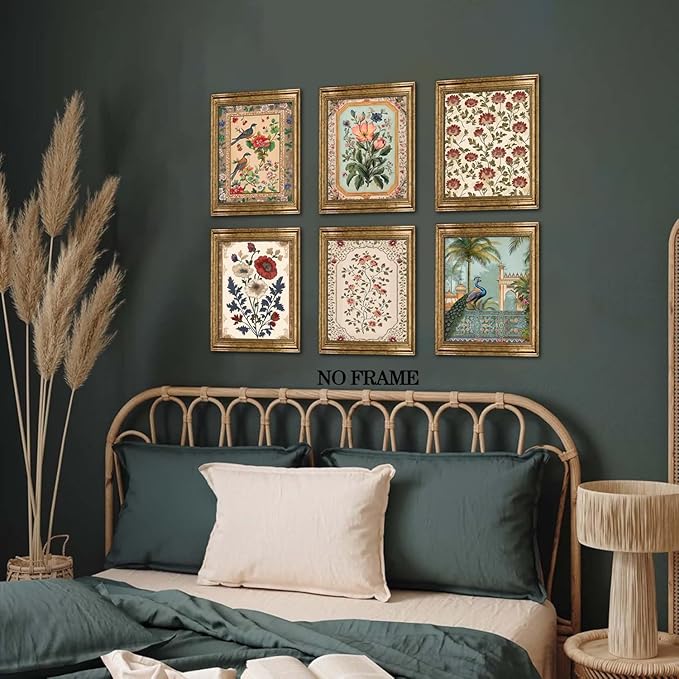 Vintage Floral Wall Art Poster Set of 6, Rustic Flower Bird Pictures Wall Decor, Retro Neutral Botanical Peacock Paintings Canvas Prints Aesthetic Home Decor for Living Room Bedroom 8x10in Unframed
