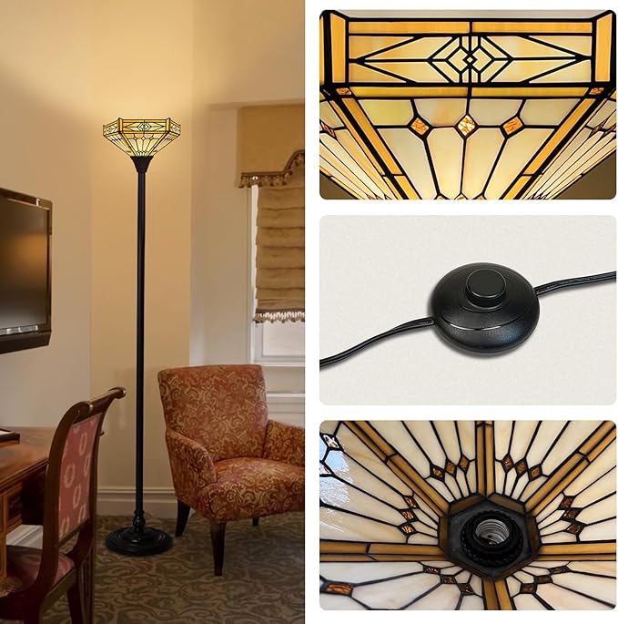 Capulina Tiffany Lamp Stained Glass Torchiere Floor Lamp 70 Inches Tall Industrial Bronze Pole Cream Hexagon Tiffany Style Standing Floor Lamp for Home Office Living Room Bedroom