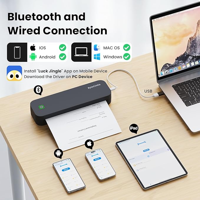 Portable Printer for Travel, Bluetooth Thermal Printer Supports 8.5 x 11 Inch US Letter Size, Compatible with Android and iOS & Laptop Inkless Mobile for Office, Car, School