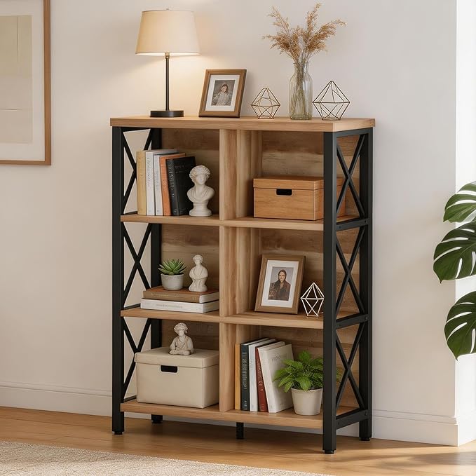 FATORRI Bookcase, 6 Cube Storage Organizer Shelf, Wood and Metal Cubby Book Shelf, Industrial 4 Tier Cube Bookshelf (Rustic Oak)