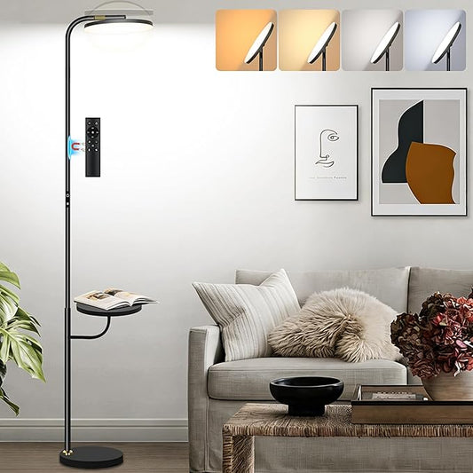 36W LED Floor Lamp with Table & Shelves, Minimalist Stepless Dimmable Torchiere with Dual Control (Remote & Touch), 350°Rotating Head Reading Floor Lamp for Living Room, Bedroom, Office