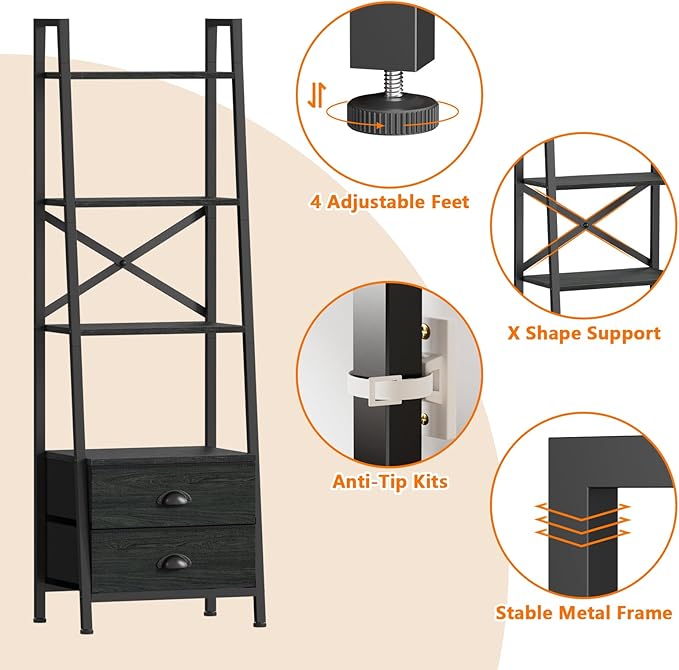 Furologee 4-Tier Ladder Shelf,Small Bookshelf with 2 Drawers,Vertical Bookcase Storage Rack Organizer,Display Bookshelves for Living Room,Bedroom,Bathroom,Home Office,Kitchen,Black Oak