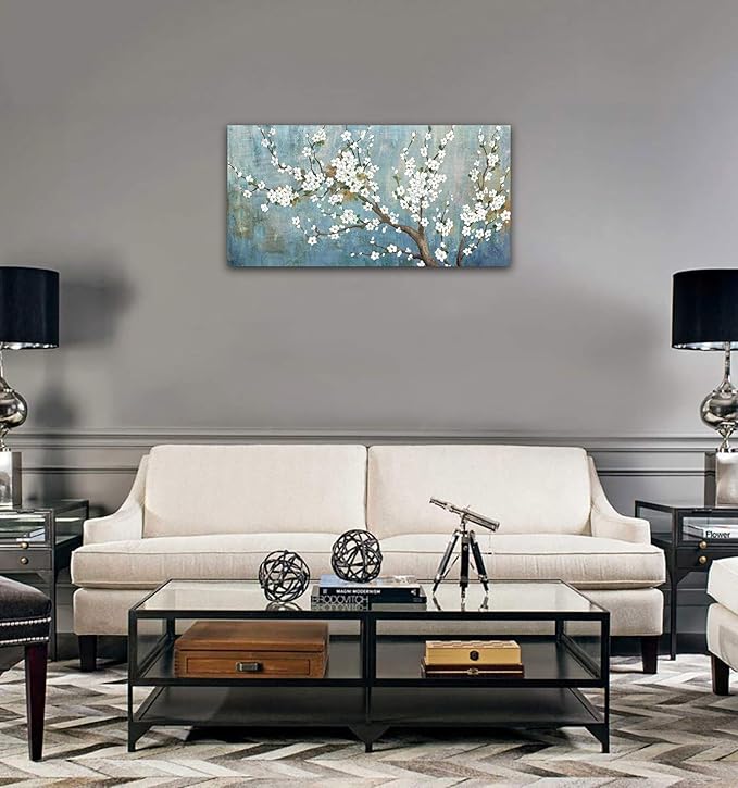 yearainn Elegant Flowers Canvas Wall Art - Plum Blossom Pictures for Wall Decor Rustic Turquoise Canvas Painting Nature Printing Artwork for Living Room Bedroom Home Office Wall Decoration 20" x 40"