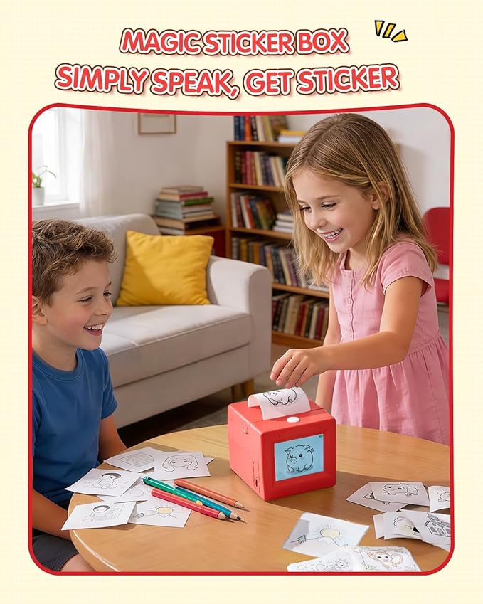 Smart AI Voice Sticker Printer Box, Magic Thermal Sticker Maker with Display, Inkless Portable Sticker Box for Home, Office, Study & DIY Projects, 5 Rolls Paper Included