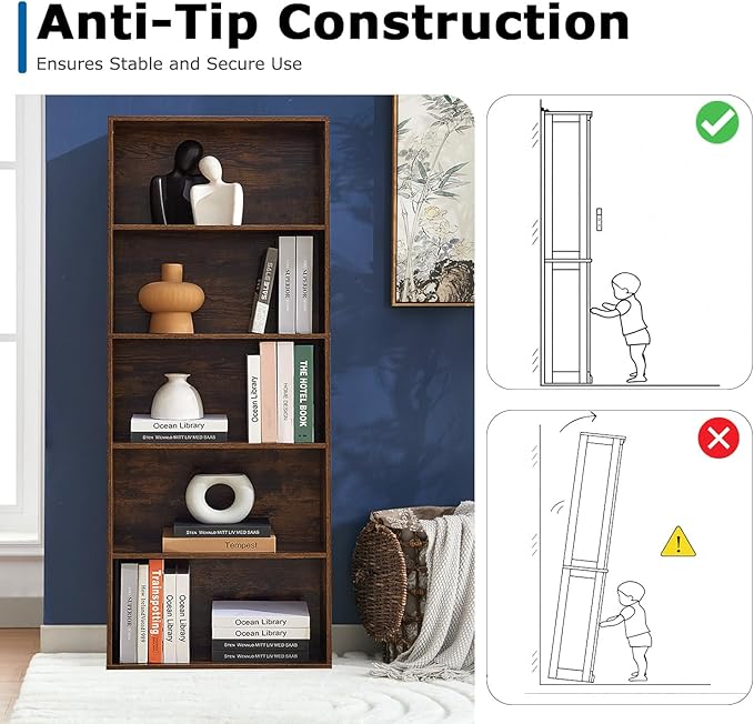 Bookshelves and Bookcases,5-Tier Open Storage Shelf, Floor Standing Display Storage Shelves for Home Office, Living Room, Bedroom, Brown