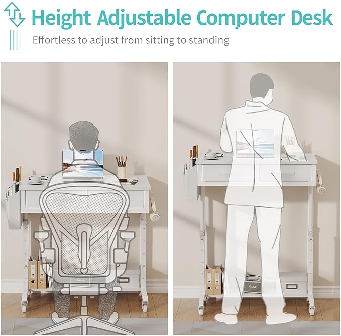 Small White Portable Rolling Standing Desk with Drawers & Storage Shelf, 32 Inch Mobile Stand Up Desk Adjustable Height with Wheels for Home Office, Kids Desks Couch Sofa Side Laptop Craft Table