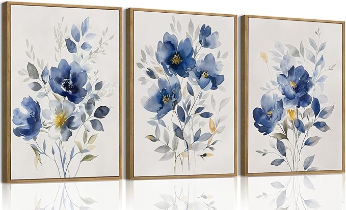 KISSFOX Framed Colorful Wildflower Blue Canvas Wall Art Set Of 3 Flowers Pictures Prints Flowers Printing Floral Watercolors Flower wall Decor Living Room Girls Bedroom Bathroom
