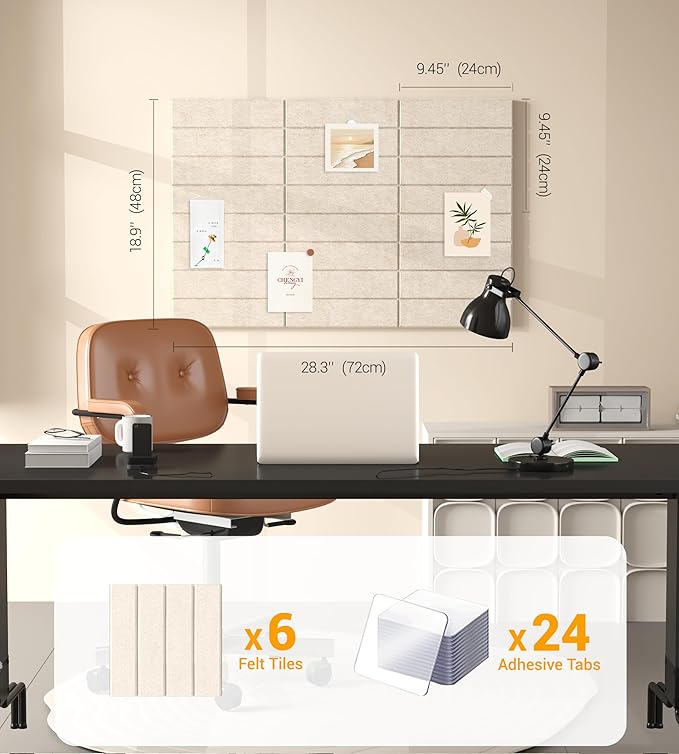 1/2" Thick Cork Board for Office, 6 Pack Felt Wall Tiles -28"x18" with Safe Adhesive Tabs, Large Bulletin Board, Push Pin Board Organizer Wall - Beige