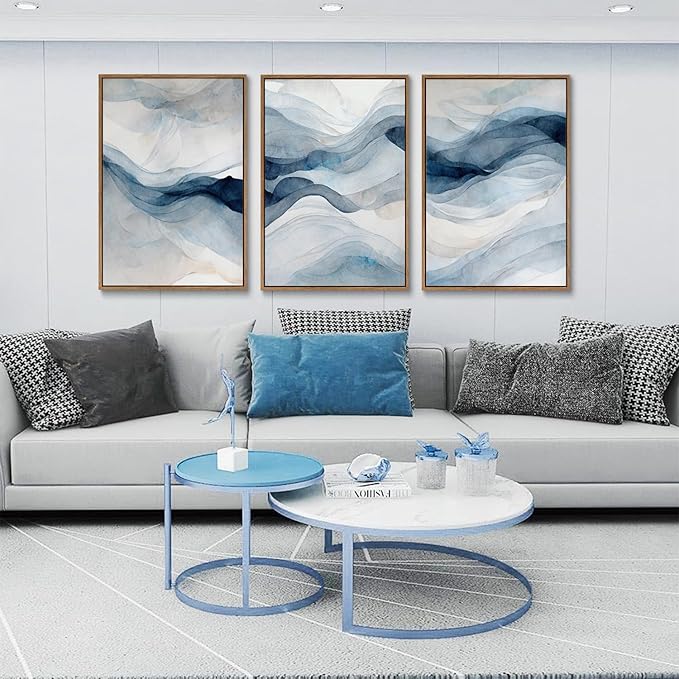 myusuar 3 Piece Large Abstract Framed Wall Art For Living Room, Smoke Texture Ink Navy Blue Canvas Wall Art Modern Minimalist Art Prints Wall Décor For Bedroom Office 24x36in