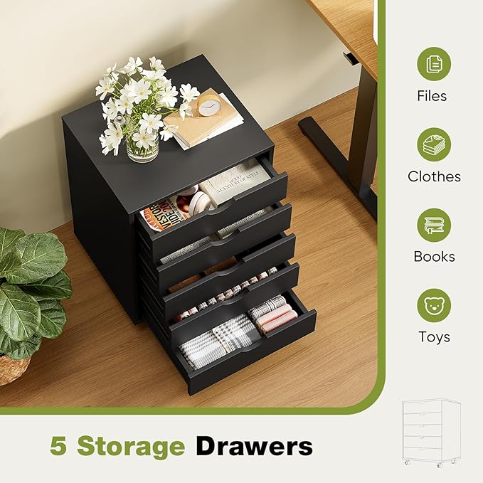 NEWBULIG 5 Drawers File Cabinet Under Desk Storage with Wheels Small Rolling Office Filing Cabinets Chest of Dawers for Home Office Black