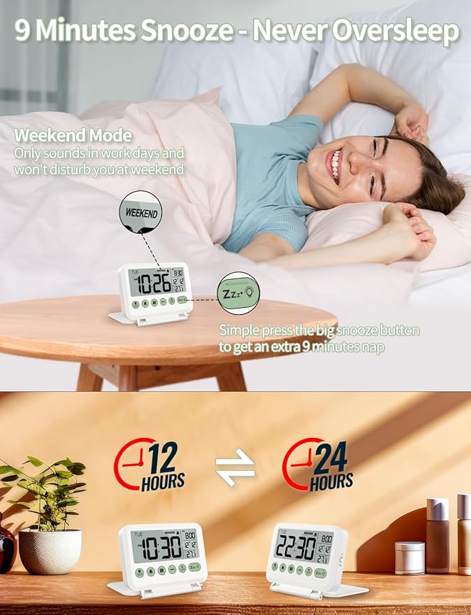 Digital Travel Alarm Clock - 3.54 inch LCD Display, 9-Minute Snooze, 2 Volume Levels, Backlight, Battery Included (White)