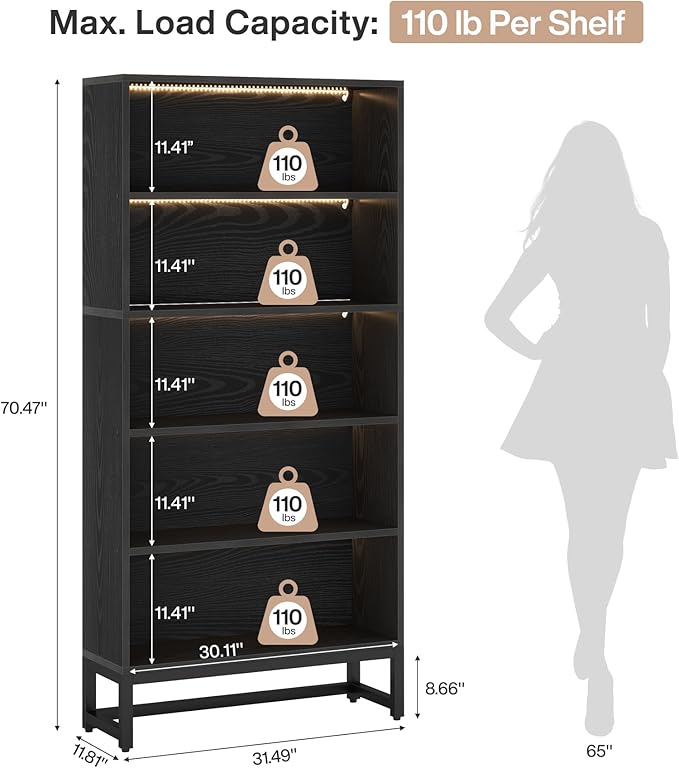 Tribesigns Tall Bookcase Black Bookshelf, 70.8” Large Bookcases Organizer with LED Lights, Heavy Duty Free-Standing Library Bookshelf with 5-Tier Storage Shelves for Living Room, Bedroom (Black)
