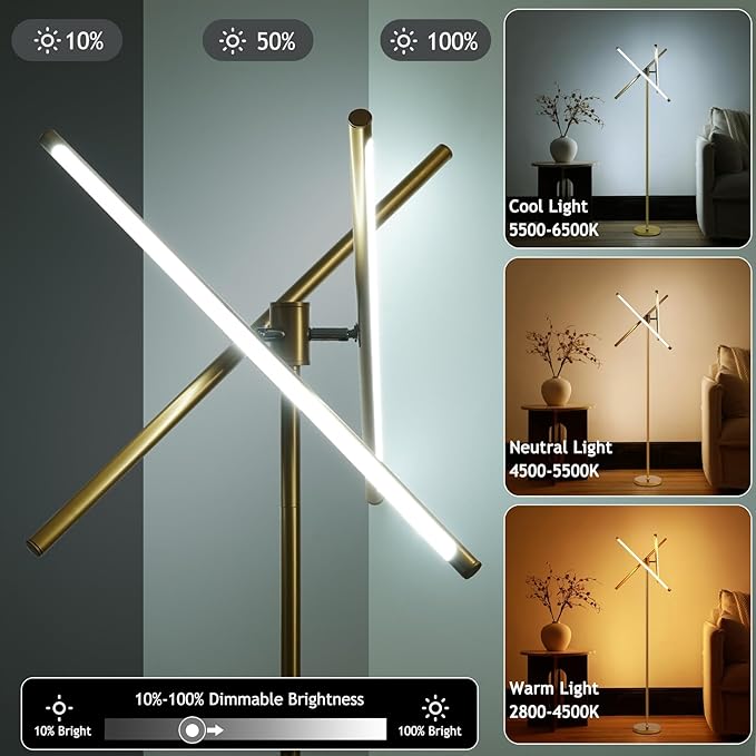 LED Dimmable Floor Lamp with Remote & Foot Switch, 2700–6000K Adjustable Color Temperature & Stepless Dimming, 3-Bar Linear Tall Standing Lamp, Slim Gold Corner Floor Lamp for Living Room Bedroom
