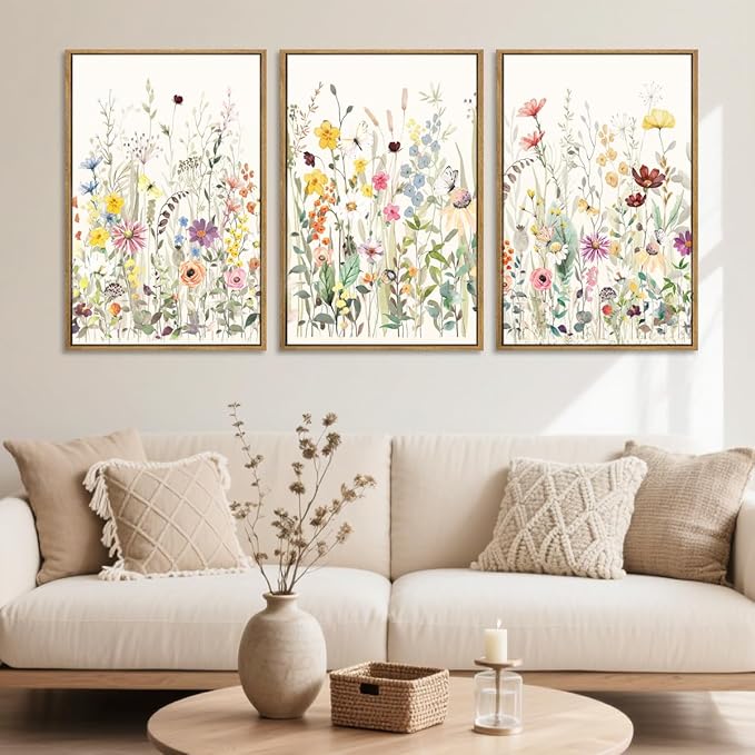 BINCUE Floral Wall Art Colorful Wildflower Wall Decor Boho Flowers Wall Paintings Flower Artwork Framed Floral Artprints for Living Room Bedroom Farmhouse Home Decor 16x24 Inches Set of 3